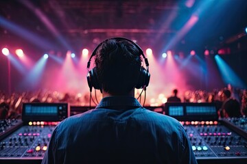 Vibrant exposure of DJ Concert, Backshot of soundboard player with neon lights