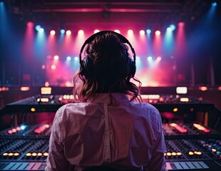 Vibrant exposure of DJ Concert, Backshot of soundboard player with neon lights