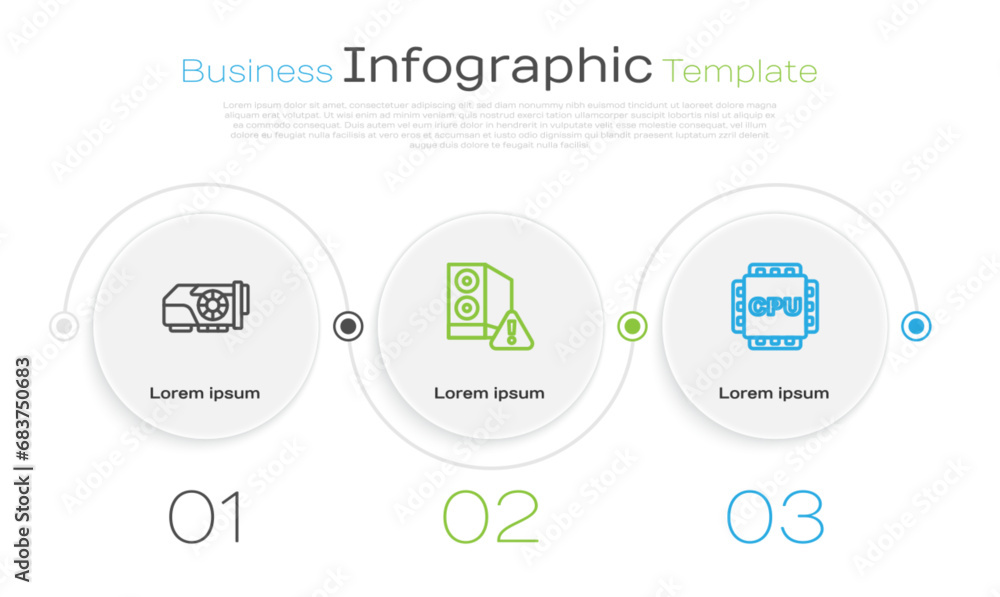 Poster set line video graphic card, case of computer and processor with cpu. business infographic template.