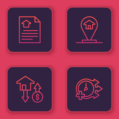 Set line House contract, with dollar, Location house and Clock. Blue square button. Vector