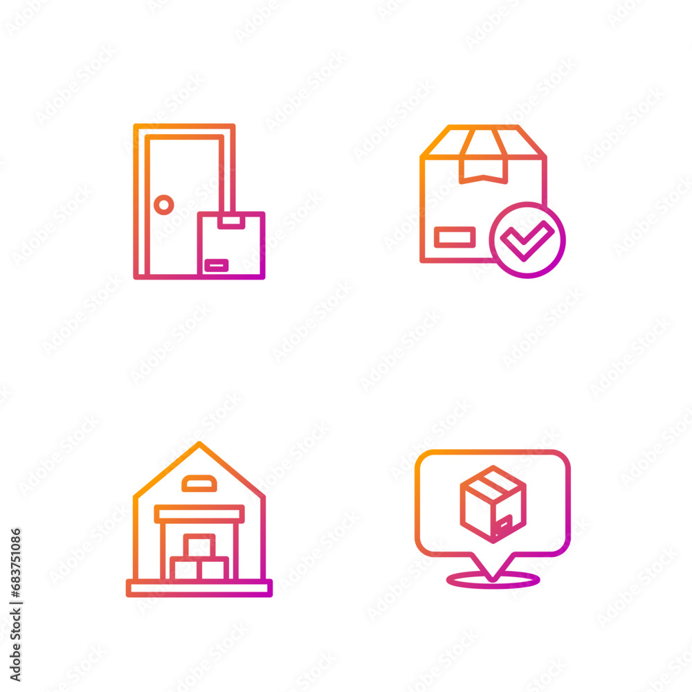 Poster set line location with cardboard box, warehouse, home delivery services and ackage check mark. gradi