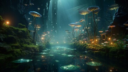 Obraz premium a group of fish swimming in a tank with plants and rocks