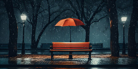 Umbrella Romantic ,Rainy weather, colorful umbrellas, puddles, reflections, A rainy night with an umbrella in the rain ,Rainy Night Wallpaper generative ai
 - obrazy, fototapety, plakaty