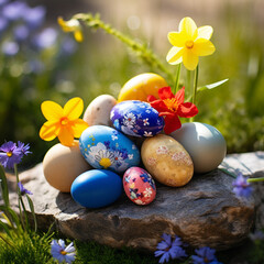 a bunch of colorful eggs sitting in a bunch of flowers on a rock with a blurry background of flowers on the rocks and grass
