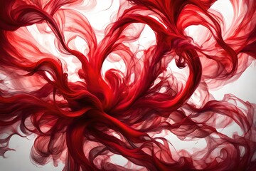A vibrant burst of crimson paint swirls gracefully against a white smoky background. 