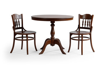 wooden round dining table on isolated white background . table and chair 