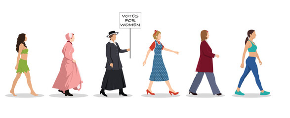 The history of the evolution of fashion women from ancient times to the present. Flat vector illustration isolated on white background