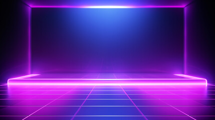 Empty dark abstract background. Background of empty show scene. Glow of sci-fi neon lights and neon figures on an empty concert stage. hi-tech technology background.