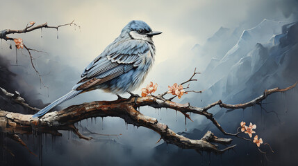 Watercolor Oil Painting of An Evocative Depicts a Solitary Bird Perched on a Withered branch Against  Background