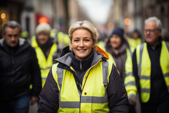 Portrait woman demonstration of the yellow vests walking in the street