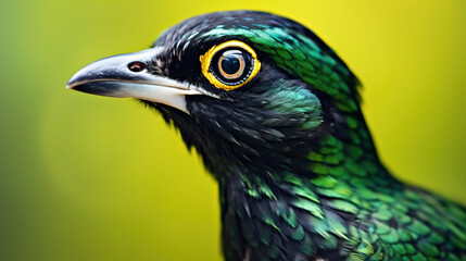 Fototapeta premium Green And Black Bird in Lush Green Blurry Background
