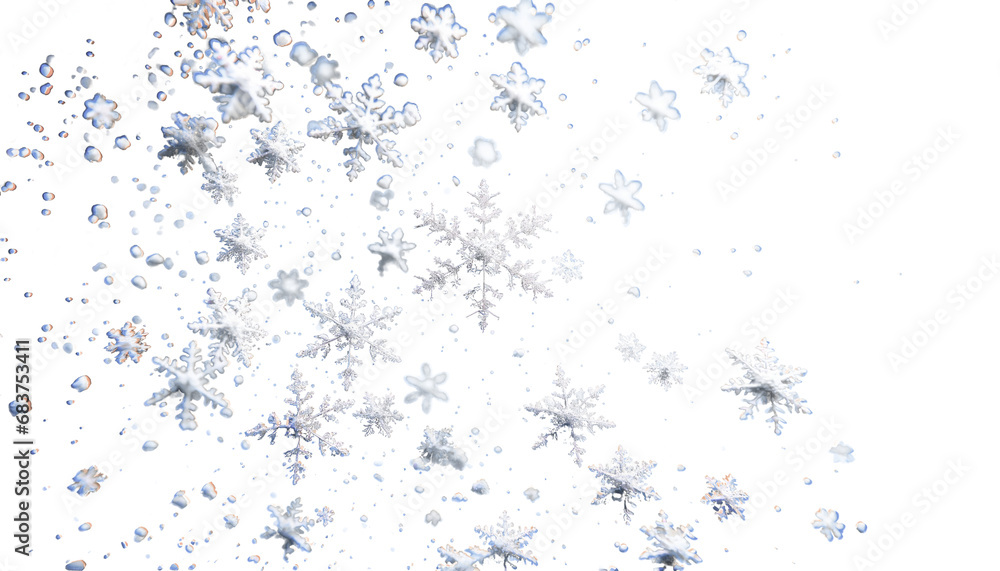 Poster delicate snowflakes falling gracefully on a transparent background. winter concept. generative ai