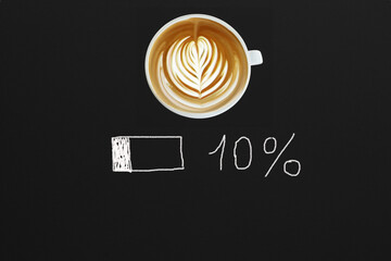 on a black background there is a white cappuccino mug with a heart pattern at the bottom of the mug, an inscription in white chalk 10%
