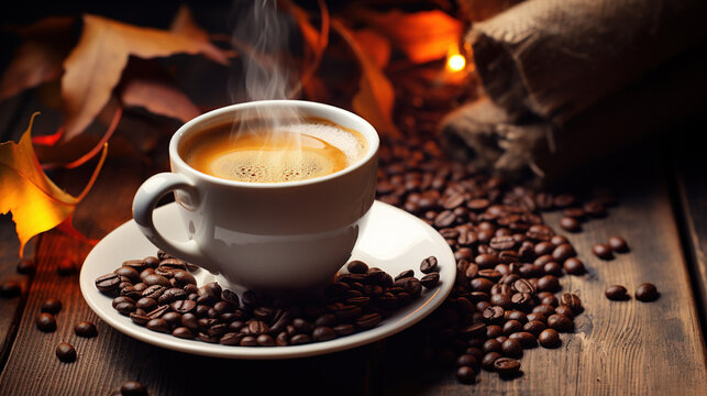 A Delicious Espresso in a Glass Cup With Coffee Beans on a Wooden Table Background Selective Focus