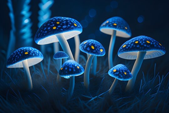 Mini blue medium mushrooms in the style of dark white and light gold, flickering light effects.