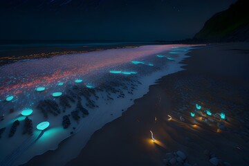  Beach is filled with colorful blinking shine stones.

