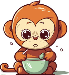 Cute cartoon monkey with a bowl of milk vector illustration