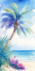 Obraz na płótnie Canvas Watercolor painting of Palms on the beach. AI generated illustration