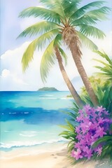 Fototapeta na wymiar Watercolor painting of Palms on the beach. AI generated illustration