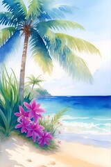 Fototapeta na wymiar Watercolor painting of Palms on the beach. AI generated illustration