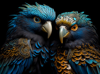 Fototapeta premium A Colorful Beautyful parrot Bird in blue and Gold Feathers, perfect closeup portrait, Dark Dramatic light.