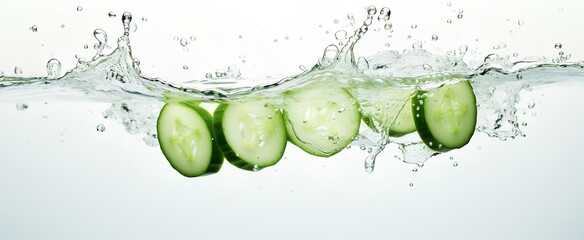 a refreshing shot of a cucumber slice entering the water, producing a vibrant splash, with a pristine white backdrop. generative AI