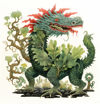 green dragon with leafy foliage clip art preview