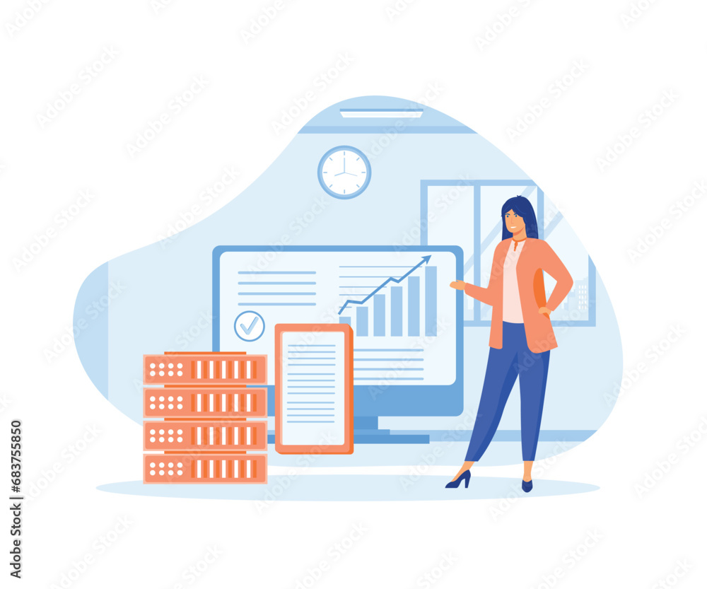 Poster woman using remote servers computer to analyzing large sets of data and recognizing mistakes. flat v