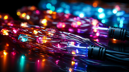 Colorful Fiber Optic cables with LED lights on a black background. 3d rendering. Generative AI technology