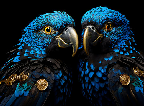 A Colorful Beautyful parrot Bird in blue and Gold Feathers, perfect closeup portrait, Dark Dramatic light.