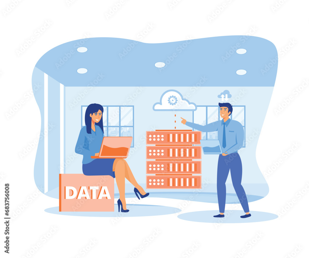 Aufkleber online database storage technology concept. data storage engineering, cloud hosting computing. flat 