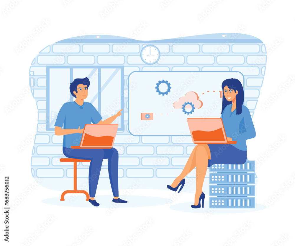 Poster cloud computing concept. man and woman processing information at laptops using cloud technology, dat
