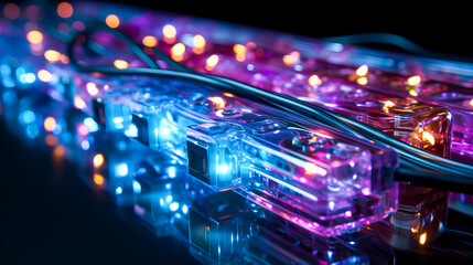 Colorful Fiber Optic cables with LED lights on a black background. 3d rendering. Generative AI technology