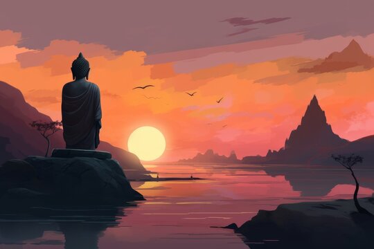Digital illustration painting design style fisherman standing on the rock and looking at to big statue of Buddha statue, against sunset, Generative AI