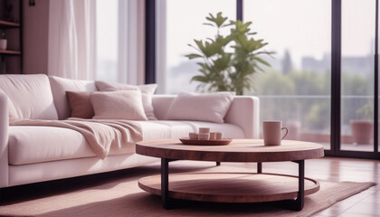 Fototapeta premium Rustic coffee table near white fabric sofa against window Japandi style home interior design of modern living room.