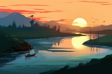 Digital illustration painting design style Beautiful rural landscape in morning of river at sunrise, Generative AI - obrazy, fototapety, plakaty