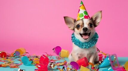 Banner with Chihuahua puppy wearing a cone party hat with scattered confetti on a pastel background. Space for text