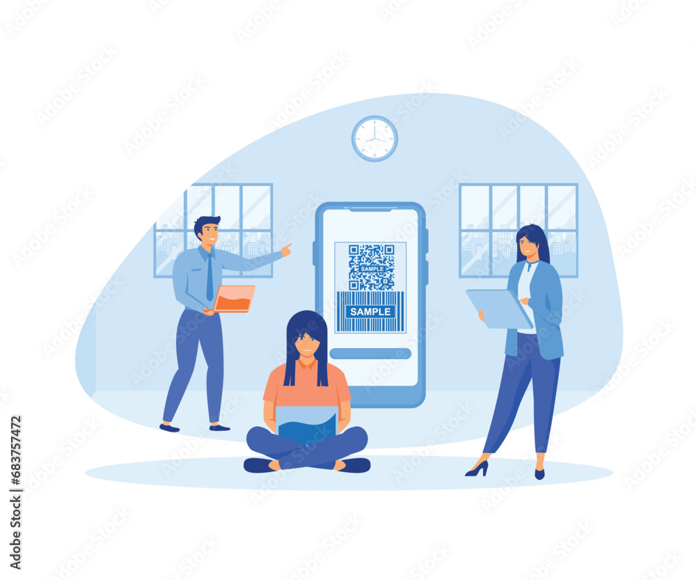 Poster online payment concept. people use smart phone and scan qr code for payment and everything. flat vec