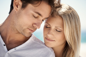 Couple, face or eyes closed outdoor with love, romance and bonding on vacation, holiday or travel....