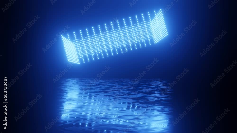 Poster blue neon grid. neon design 4k video with various neon elements and a reflecting floor. looped 3d re