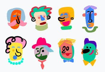 Quirky bright portraits. Set of template vector diverse people. Hand drawn design cute funny characters. Trendy modern cartoon. Art, minimal, abstract contemporary style. Avatar, icon, logo templates.