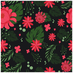 floral pattern with colorful flowers and tropic leaves on a black background, Modern floral design perfect for fashion and decoration, Colorful Large Scale Hand-Drawn Floral Vector Seamless Pattern.