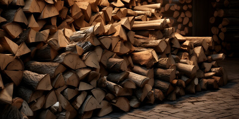 A pile of wood with a fire in the background Close Up View Of Stacked Firewood A Textured Background Illustrating Chopped Firewood
