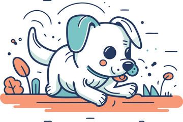 Cute cartoon dog playing in the garden vector illustration in line style