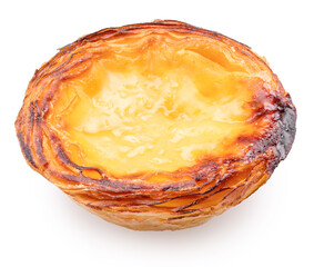 Pastel de nata or traditional Portuguese egg custard tart on white background.