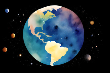 Planet Earth with American continent with other moons and stars in deep space Science Astronomy Watercolor Style