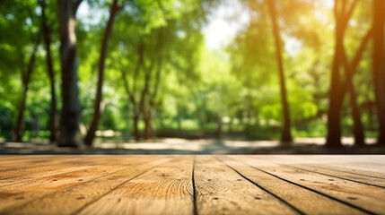 Wood floor with blurred bokeh trees