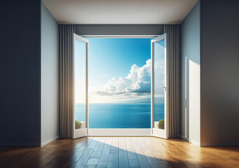 Obraz premium Room with Open Doors or Windows to Seascape