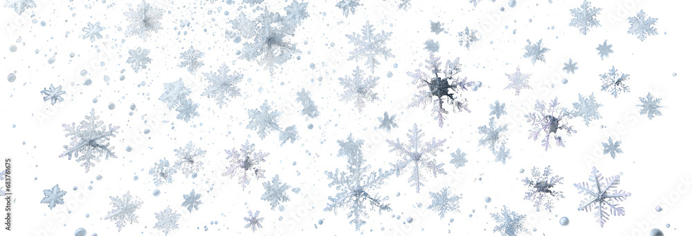 Poster various snowflakes falling on a transparent background. winter theme template. generative ai