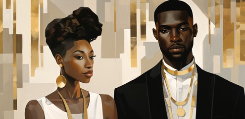 african american men and women illustration, gray and gold, modern jewelry, contemporary middle eastern and north african art - obrazy, fototapety, plakaty